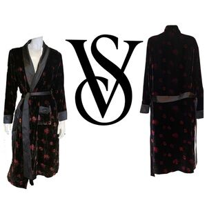 Victoria's Secret Black Velvet w/ Red Pink Floral Fabric Details Robe NWT SZ LG